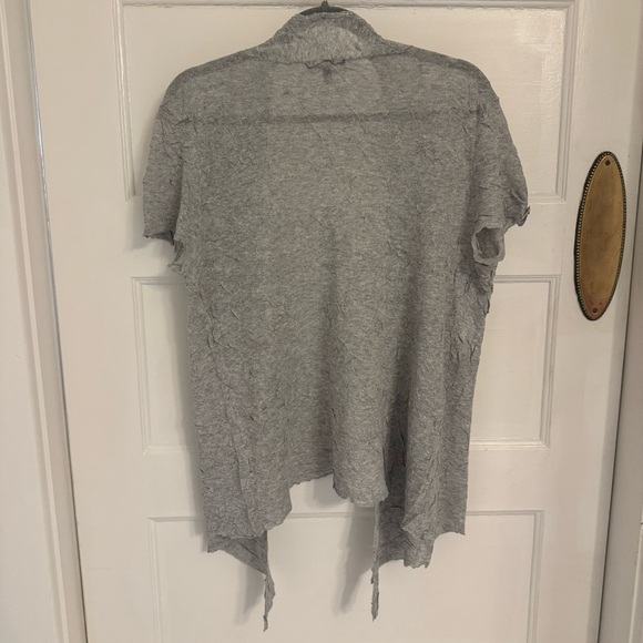Eileen Fisher Short Sleeve Open Front Crinkle Cardigan Sweater - Gray, Size L - Picture 6 of 7